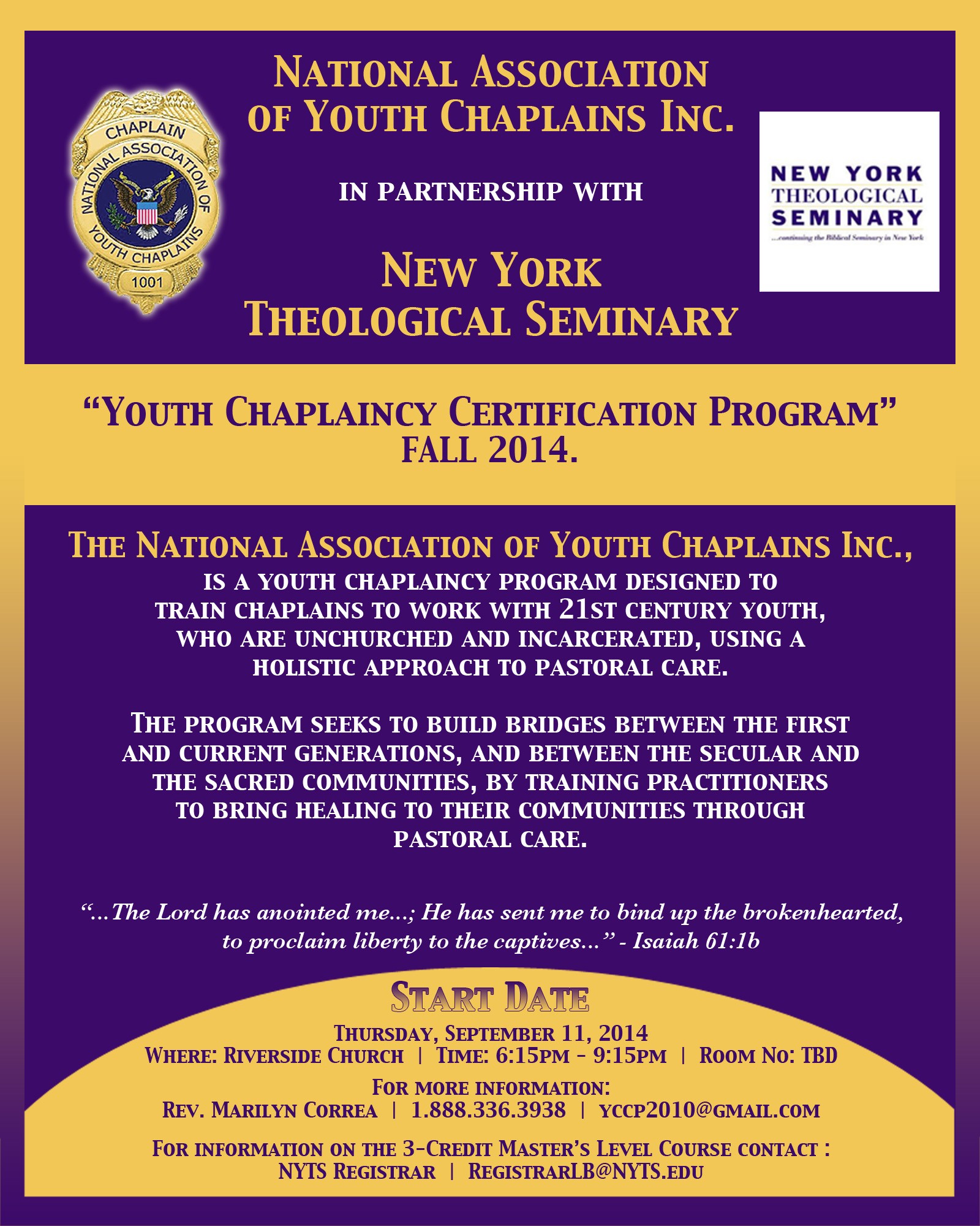 Youth Chaplaincy Certification Program September 11 2014 New York
